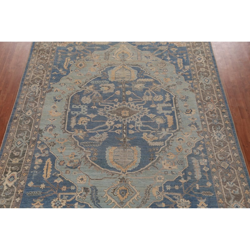 Hand Knotted Oriental 100% Wool Carpet Transitional Medallion Navy Blue & Blues Oushak Area Rug - 12' 1'' X 9' 1''