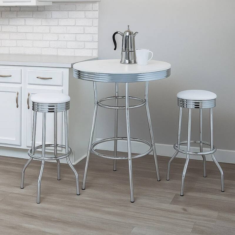 Loy 3 Piece Retro Bar Table Set, Round White Top, 2 Stools, Chrome
