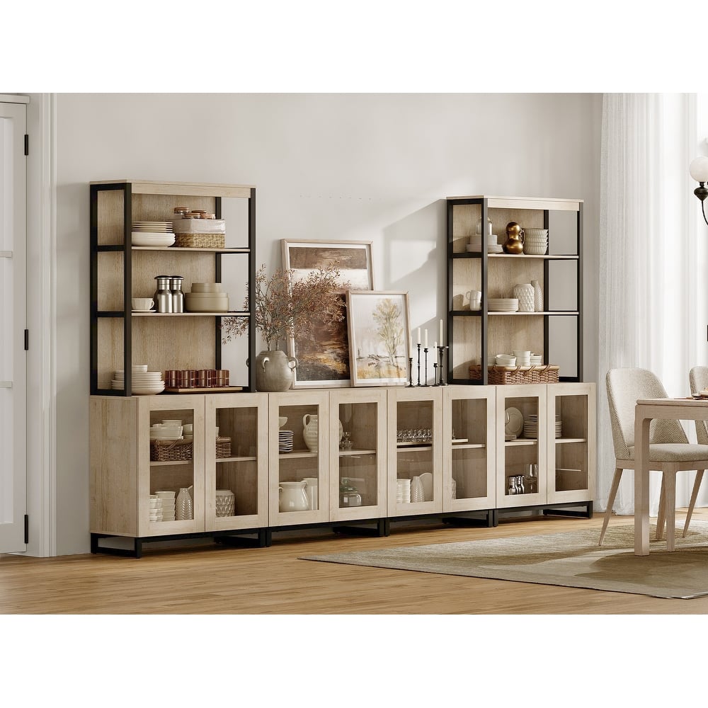Modern Farmhouse Buffet Cabinet with 3 Tiers and 4 Cabinets, Wooden Sideboard for Dining Room or Kitchen