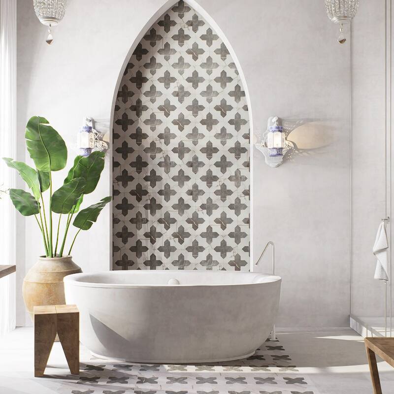 Merola Tile Istanbul Templar Shield Day with Night Cross 8-3/8" x 8-3/8" Porcelain Floor and Wall Tile - Case (36 Tiles)