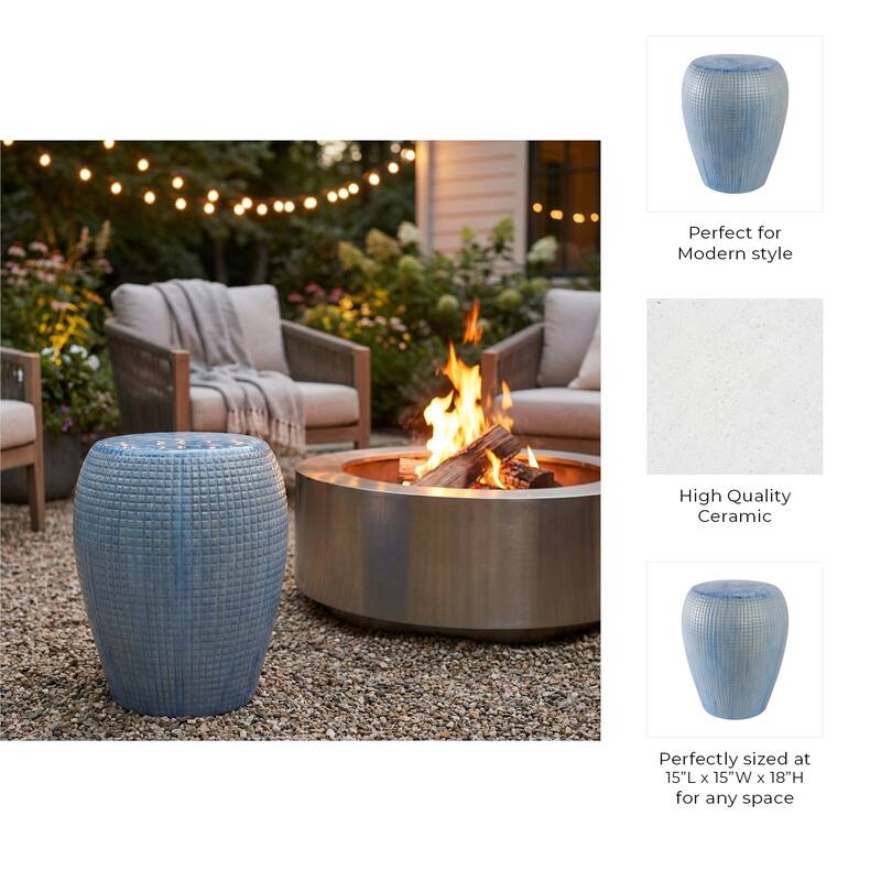 Garden Stool - Ceramic Glossy Drum Shape - Blue, 18"