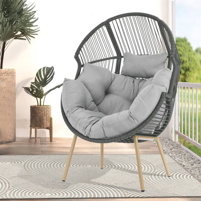 Outdoor Wicker Egg Chair with Removable Cushion - Light Grey - Dark Grey
