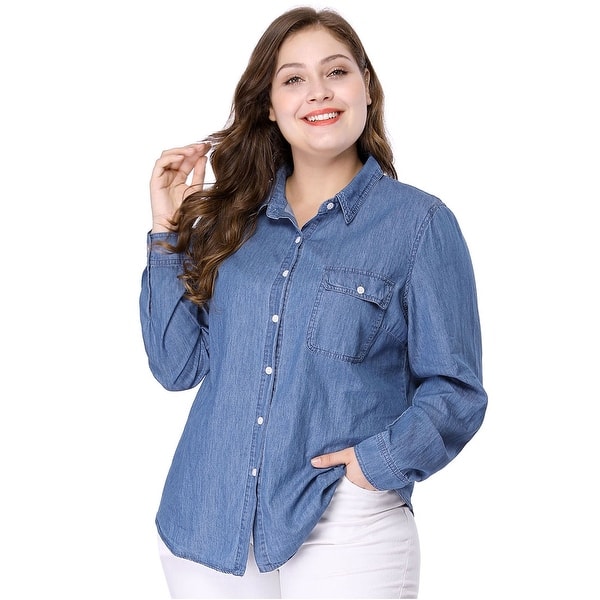 Women's Plus Size Long Chest Pocket Chambray Shirt - On Sale - Overstock - 23527542