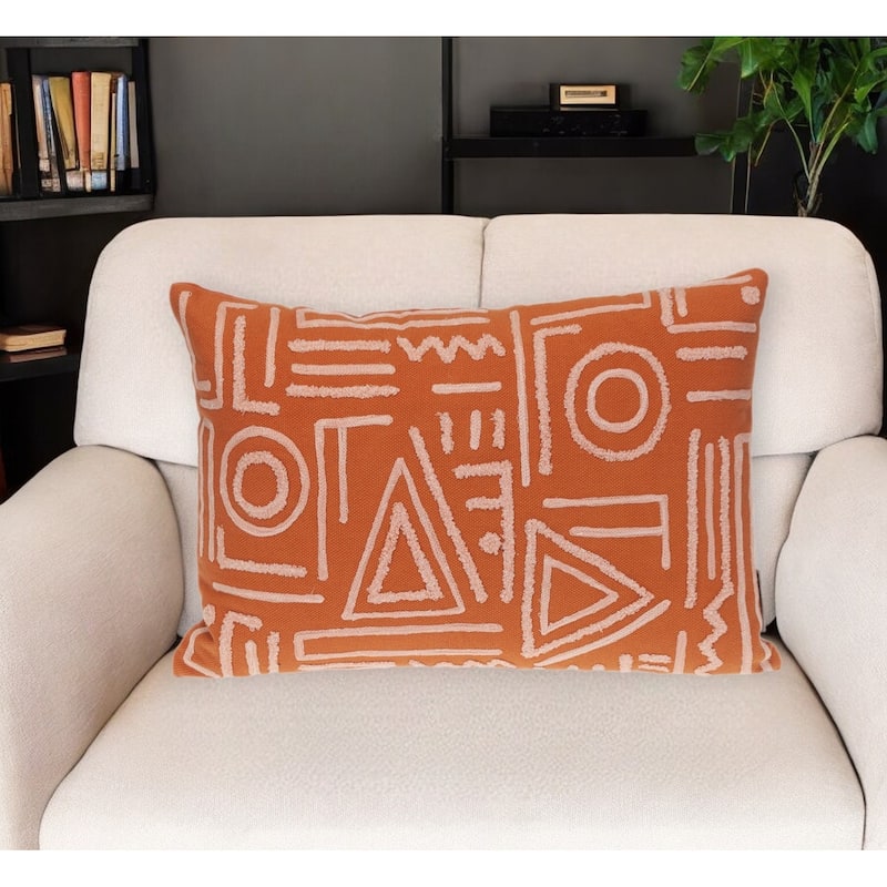 HomeRoots 14" X 20" Pink and Orange Geometric Cotton Throw Pillow - Bed Rest - Polyester