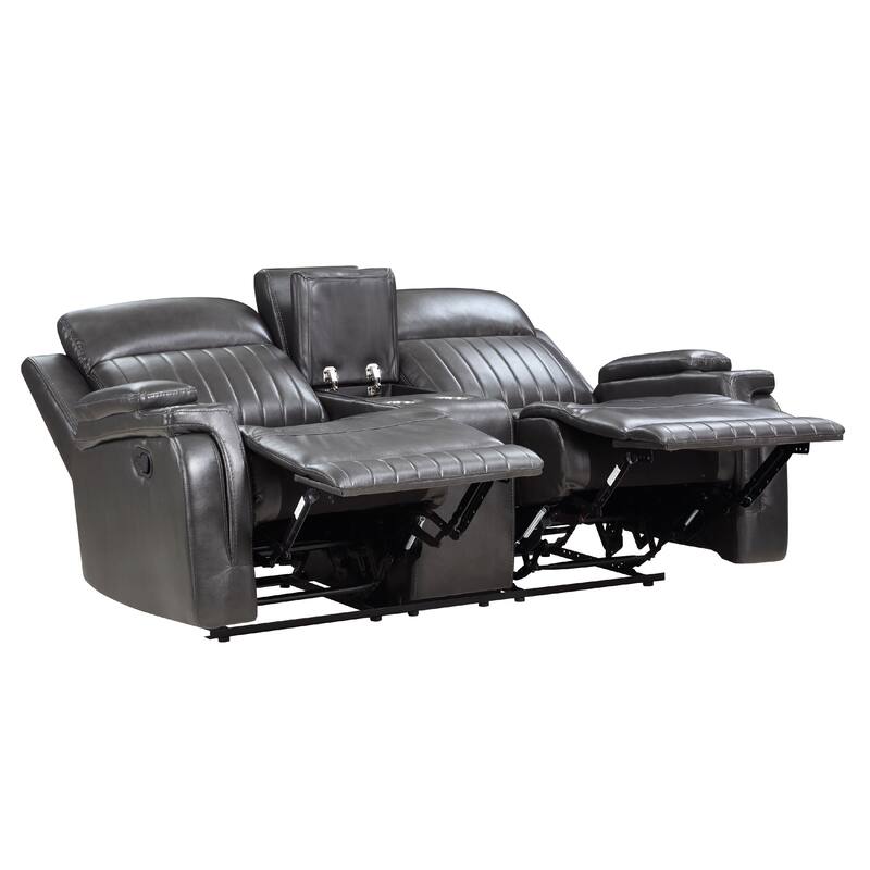 Jolo Manual Recline Loveseat, Center Console 73 Inch Gray Faux Leather