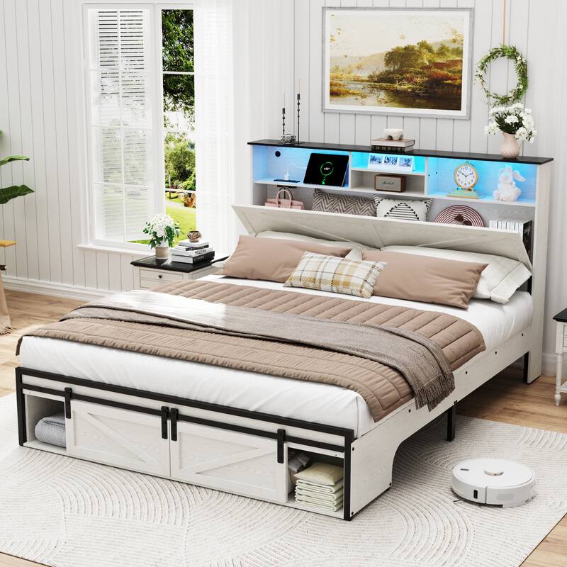 Farmhouse Storage Bed Frame with Storage Headboard, Charging Station and LED Lights, Optional Platform Bed with Drawers