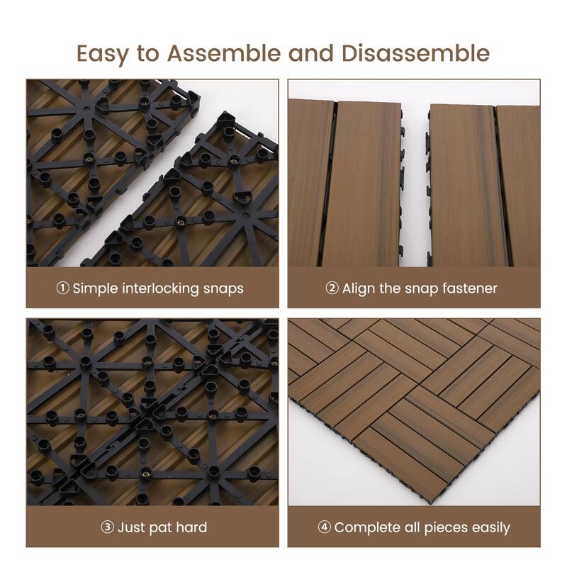 18 Pack Solid Wood Deck Flooring, Wood Interlocking Deck Tiles, 12 x 12 Inch Co-Extruded Interlocking Deck Tiles