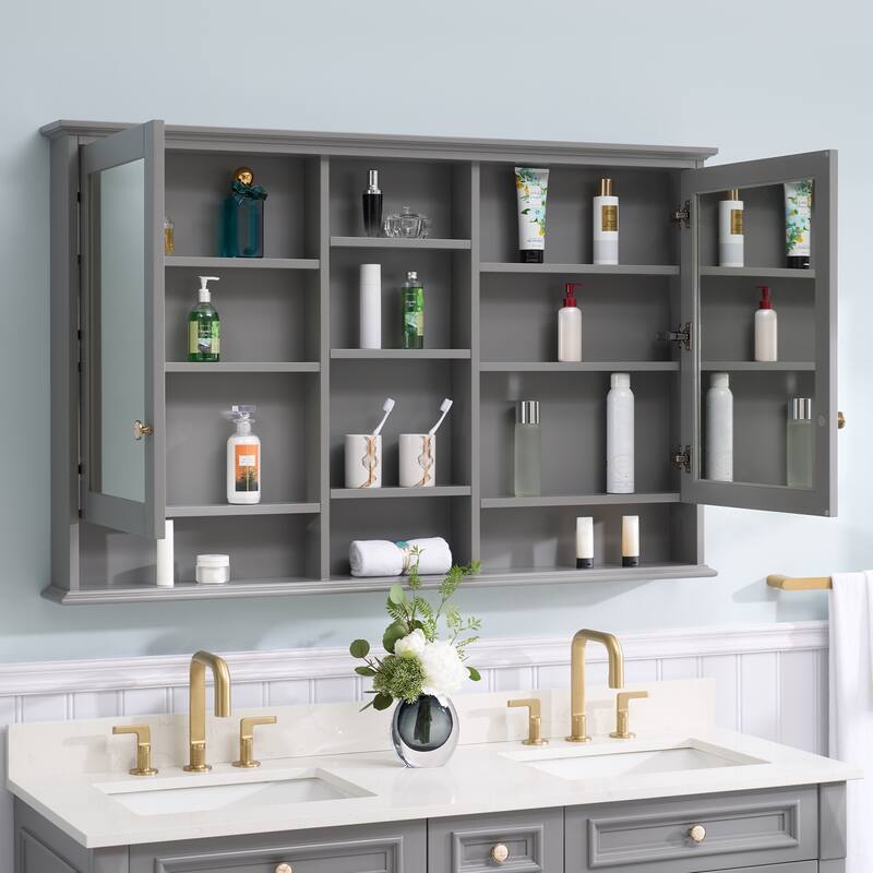 Modern Surface Mount Solid Wood Framed Medicine Cabinet With Mirror and Shelves