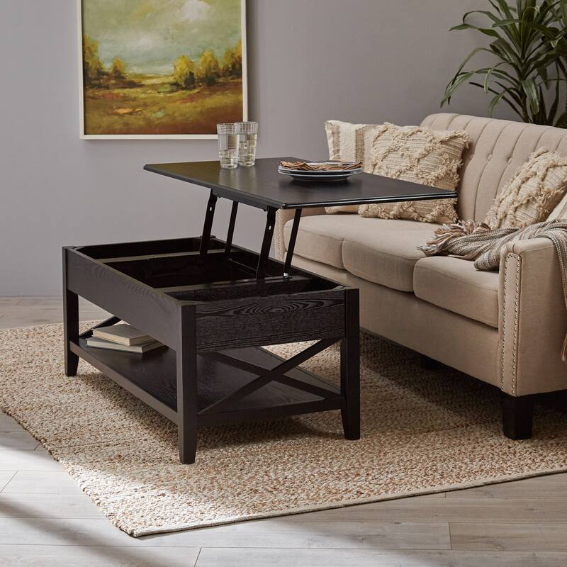 Roomfitters Modern Lift Top Coffee Table with Hidden Storage and Bottom Shelf, Wood Farmhouse Center Cocktail Table, Black