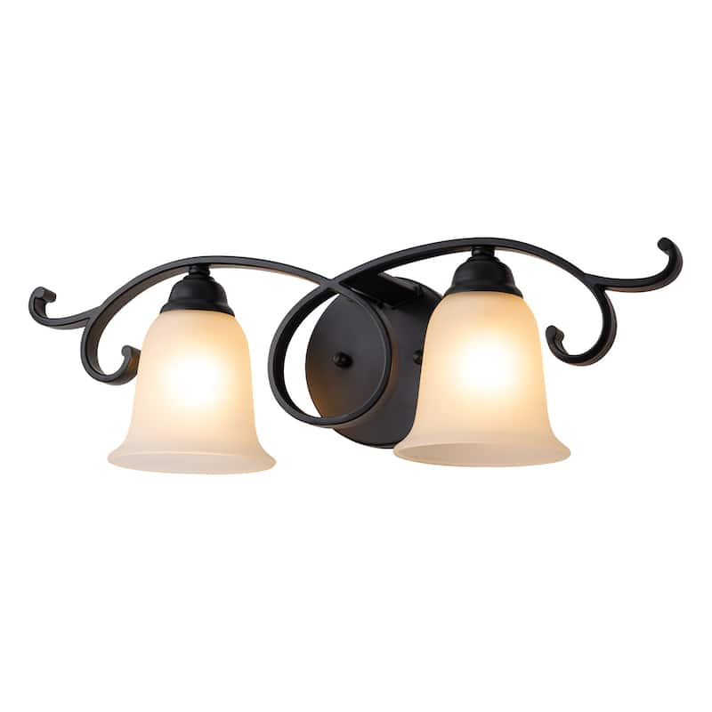 2-Light Black Scrollwork Metal Wall Sconce Frosted Bell Shade - Black
