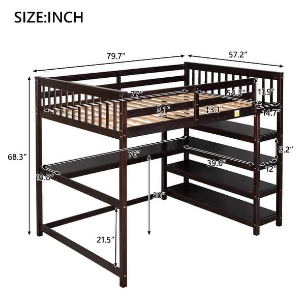 dimension image slide 1 of 3, Full Loft Bed with Desk & Shelves - Solid Wood