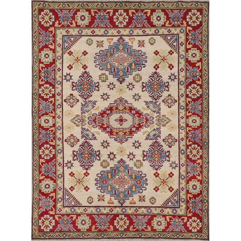 Beige Geometric Kazak Oriental Area Rug Hand-Knotted Wool Carpet - 5'1" x 6'6"