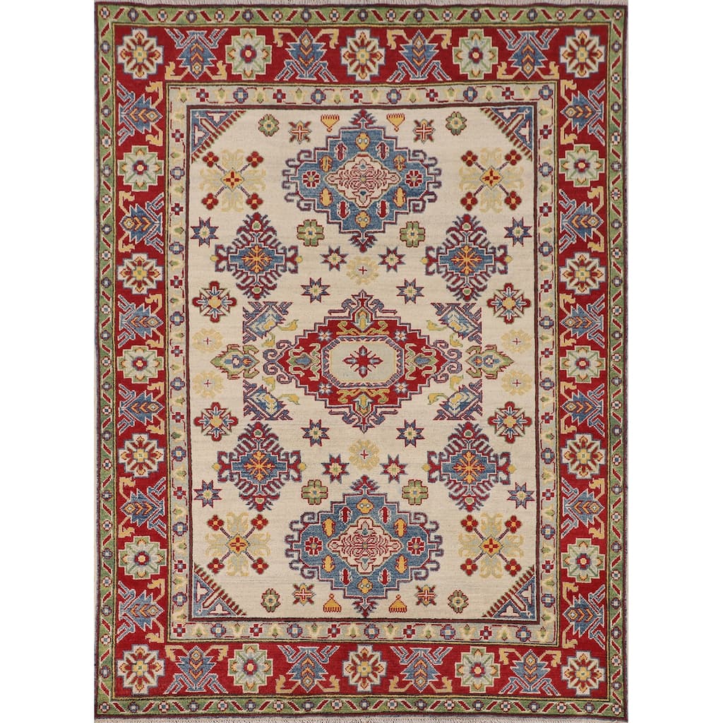 Beige Geometric Kazak Oriental Area Rug Hand-Knotted Wool Carpet - 5'1" x 6'6"