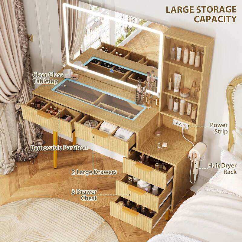5 Drawers Vanity Desk, Makeup Dressing Table with Built-in USB Outlet Charging Station