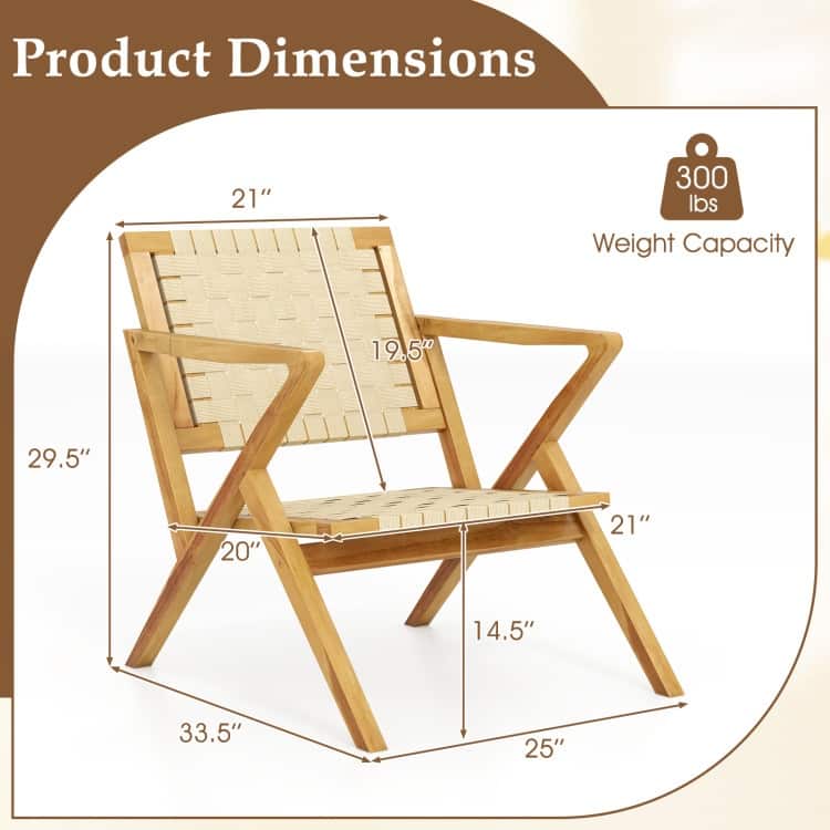 Natural Teak Wood Outdoor Accent Chair with PP Webbing Ergonomic - 33.5" x 25" x 29.5"