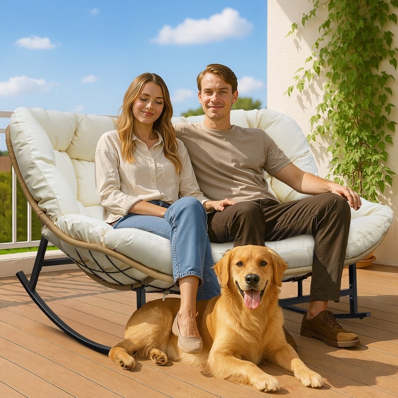 FINCATI Outdoor Double Papasan Chair, Oversized Patio Rocking Chair, 700 lbs Indoor Wicker Rocking Chair for Two