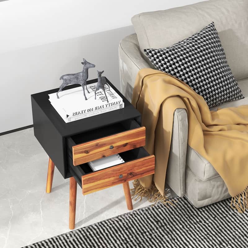 Costway End Table W/Drawers and Storage Wooden Mid-Century Accent Side