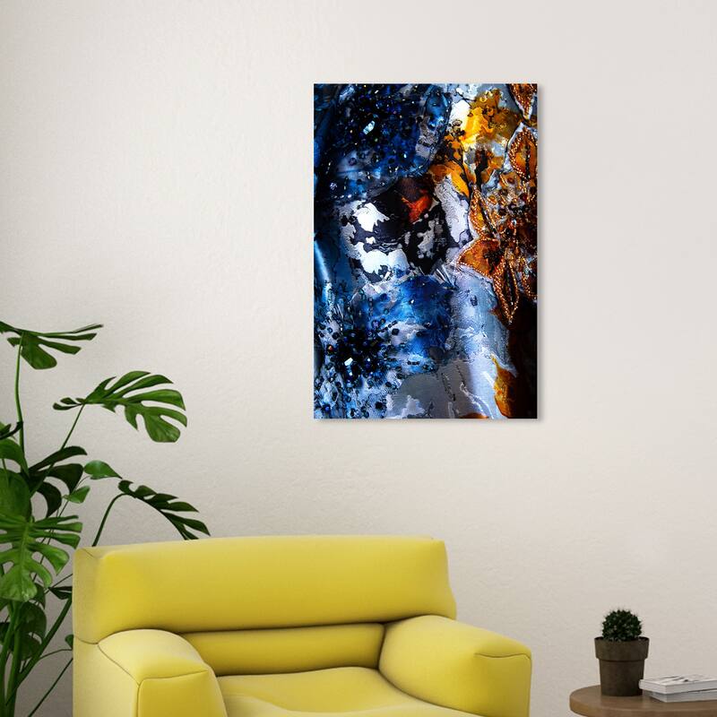 Wynwood Studio Canvas Fashion Mark Zunino - Amber Florals and Saphire Tides Blue and Amber Modern Wall Art Canvas Print - 30 x 20