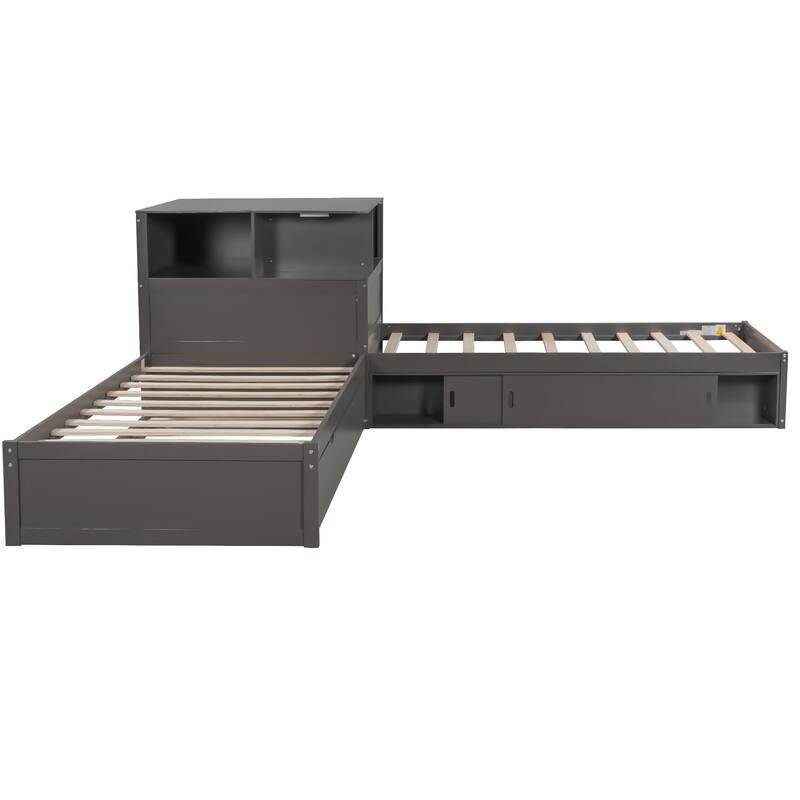 Twin Size L-shaped Bed Frame with Trundle Bed and Storage Cabinets, Desk, Lighting, Corner Platform Storage Bed Frame