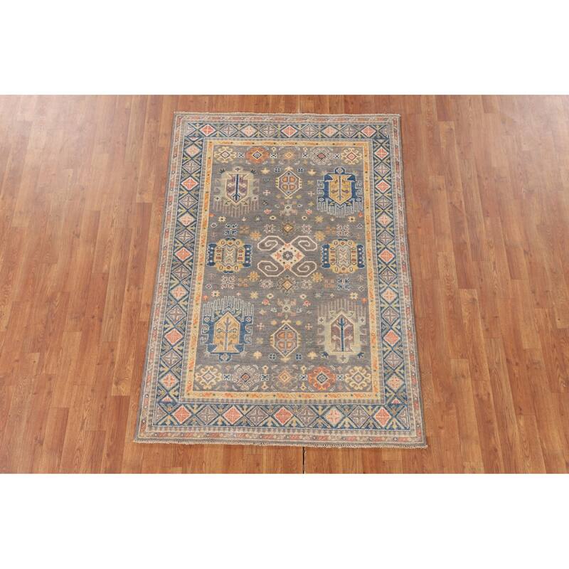 Gray Geometric Kazak Oriental Area Rug Handmade Bedroom Wool Carpet - 4'0"x 5'10"