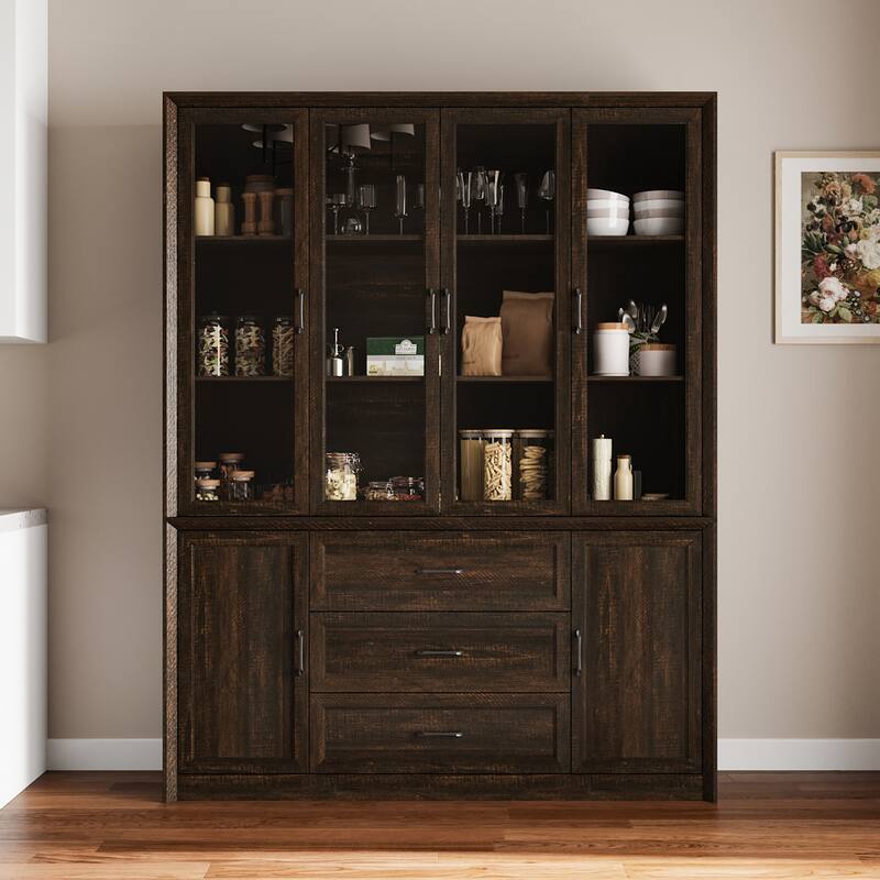 61.8" W Kitchen Pantry Cabinet, Freestanding Cupboard with Glass Doors