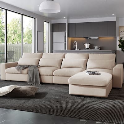 129.9" Chenille L-Shaped Sectional Sofa with Feather Cushions