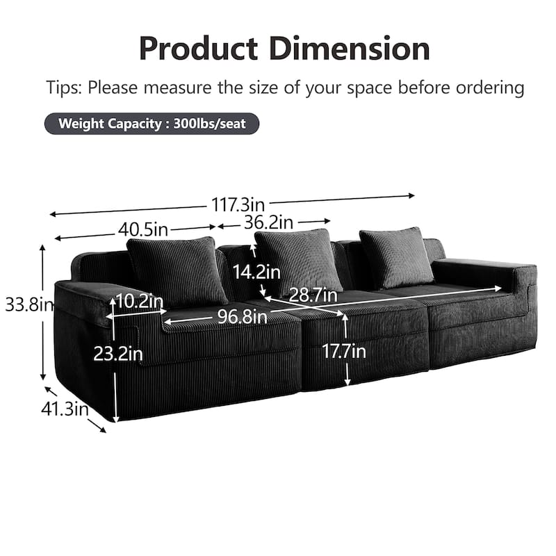 GDFStudio - Modular 3-Seater 117.3" Corduroy Boneless Cloud Sofa