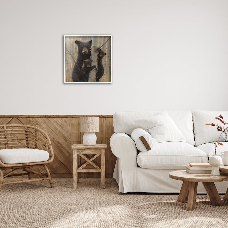 Stupell Black Bear and Cubs Soft Birch Tree Forest Framed Wall Art