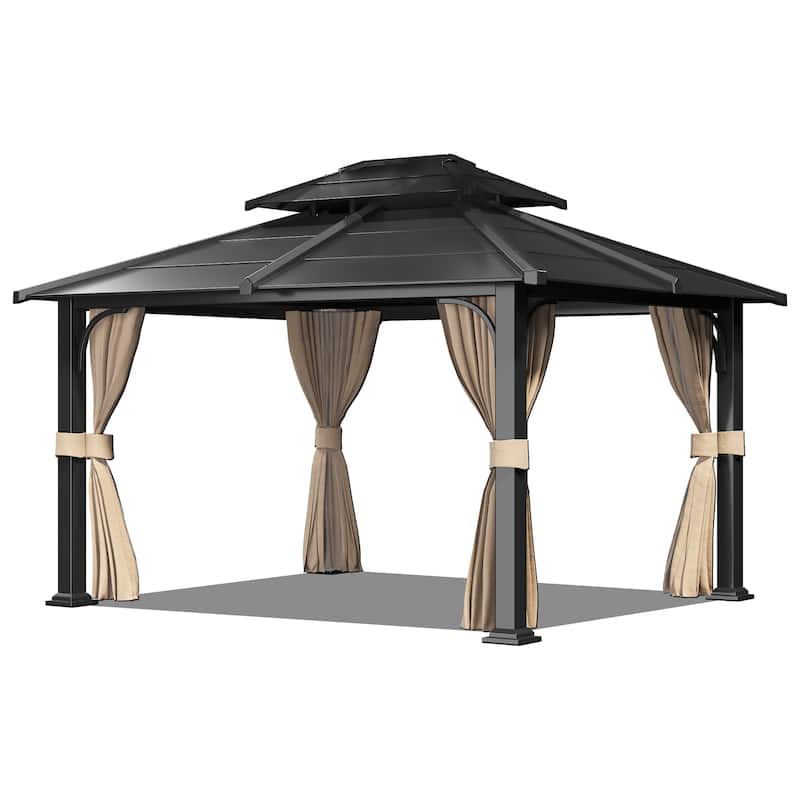 EROMMY Anti-Rust Coating Iron Hardtop Sun Shade Shelter Outdoor Canopy & Pergolas w/Curtains and Netting