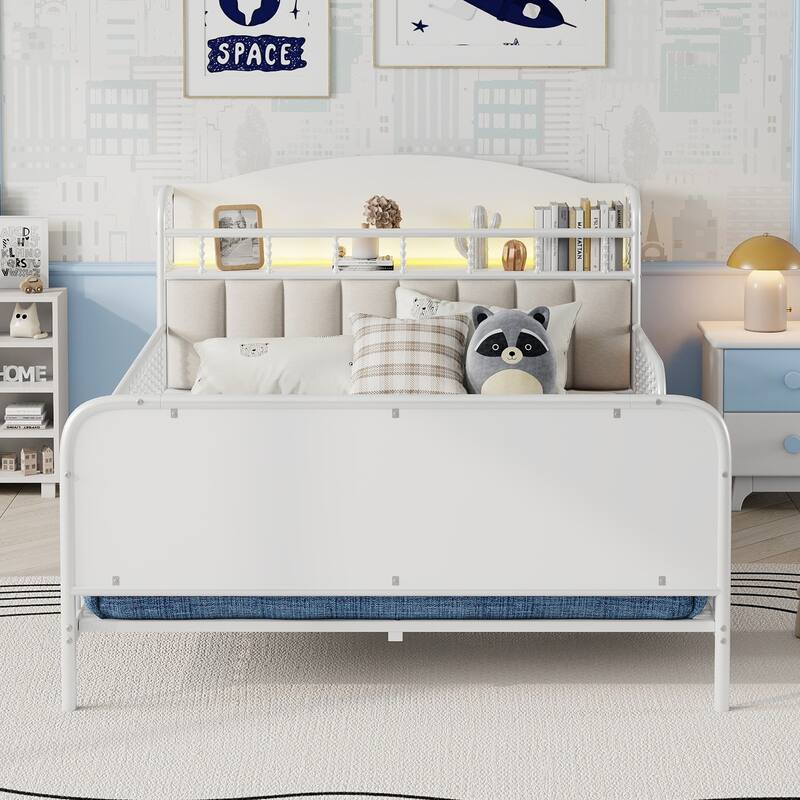 Heavy Duty Metal Platform Bed Frame with Upholstered Headboard, Velvet Headboard with LED Light and Storage Shelves - White - Full