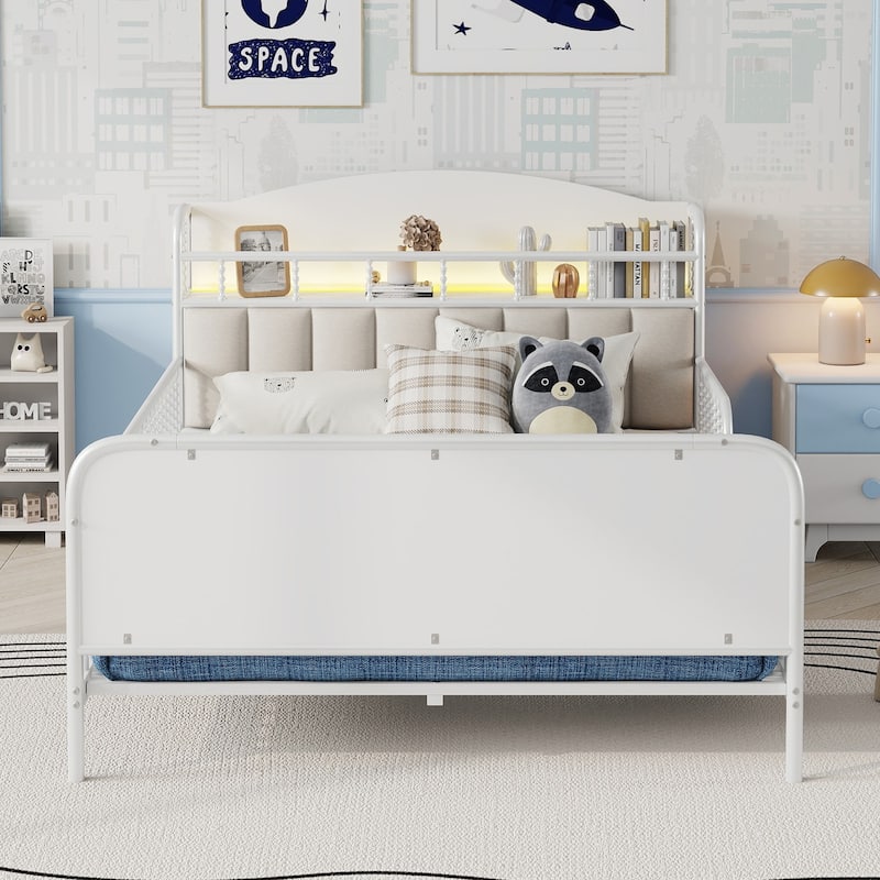 Kids Platform Bed Metal Frame with Linen Fabric Upholstered Storage Headboard Built-in Light Strip, Both Sides Rails