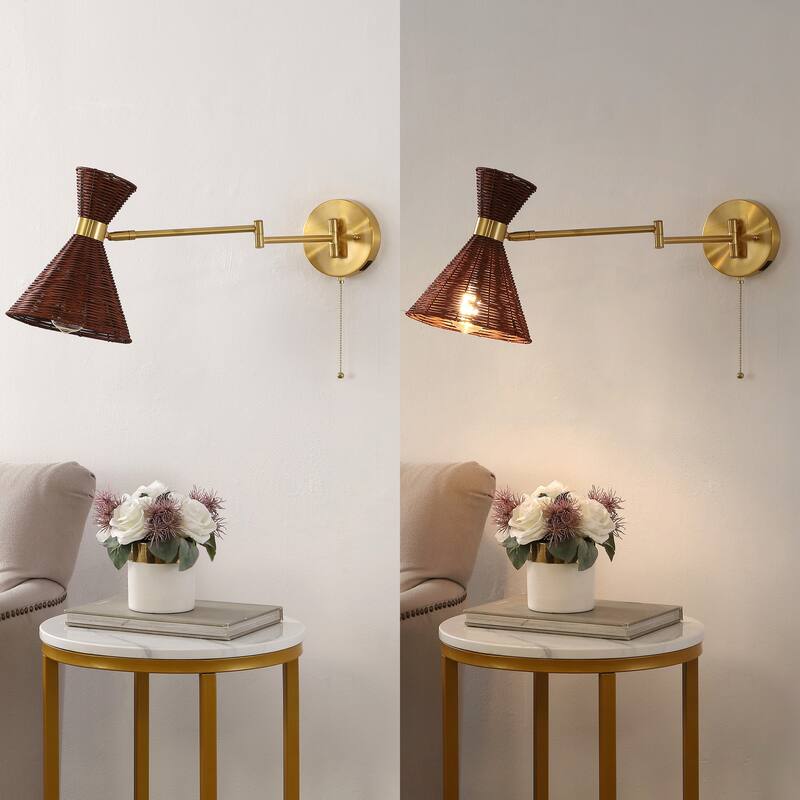 Lyla 25" 1-Light Mid-Century Vintage Retro Rattan/Metal USB Charging Swing Arm LED Sconce with Pull Chain, by JONATHAN Y