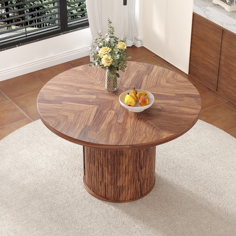 ‌47.2" Round Wood-Grain Dining Table - Double-Tier Storage & Roman Column Base, Timeless Elegance‌. -  Walnut