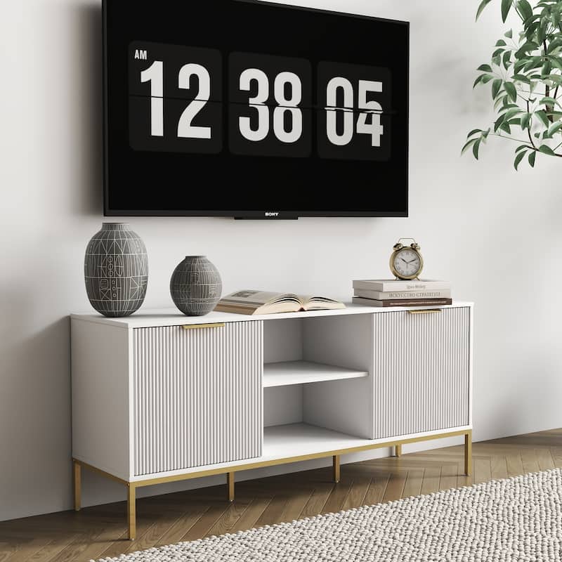 Modern TV Stand with Wave-Design Doors,Open Shelf&Adjustable Shelf-Stylish and Functional