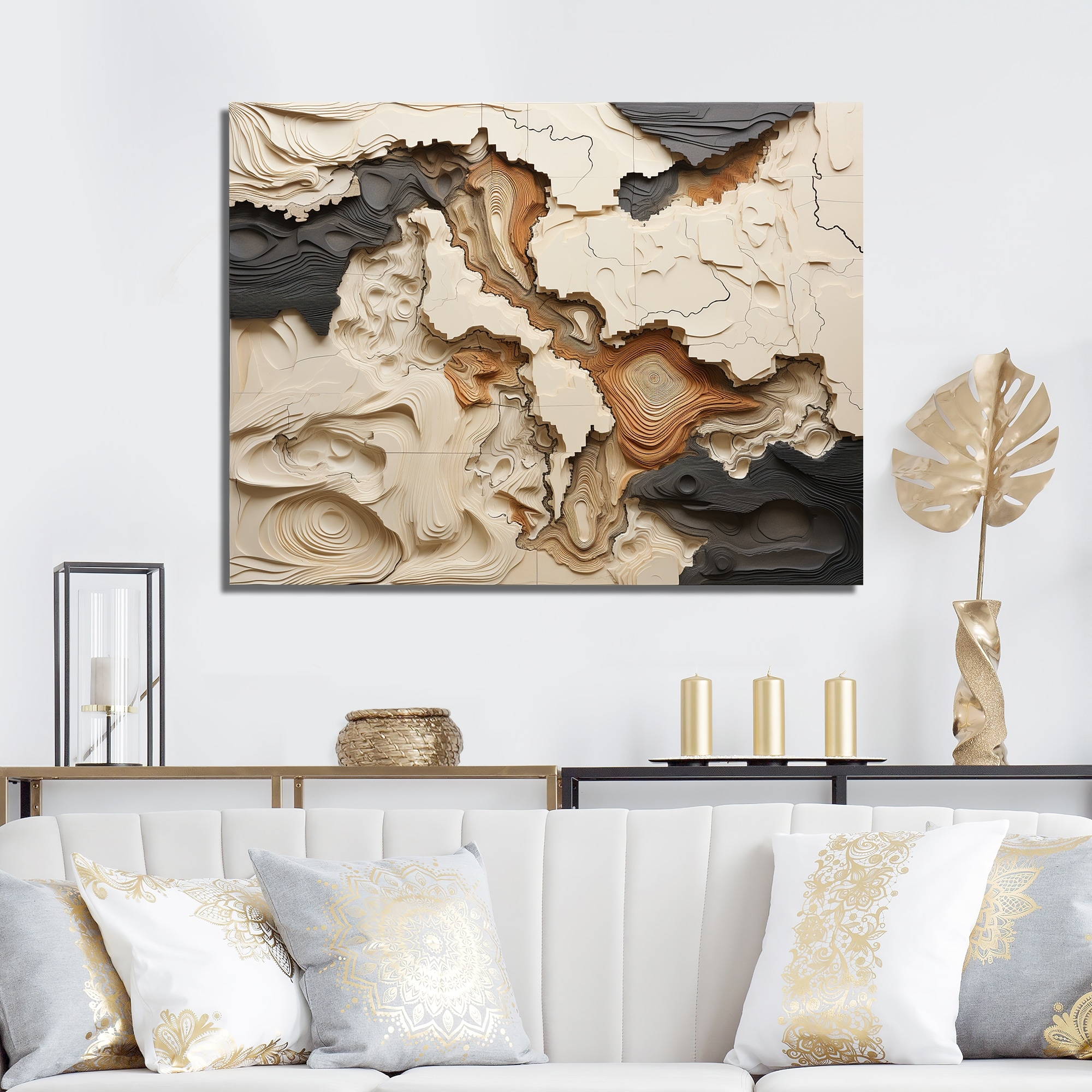 Designart "Beige And Brown African River Collage" Abstract Shapes Wall Art Canvas Print