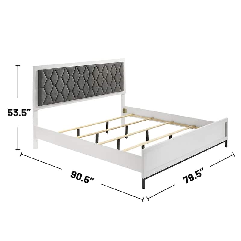 Upholstered Panel Bed with Tufting Headboard in White and Dark Grey
