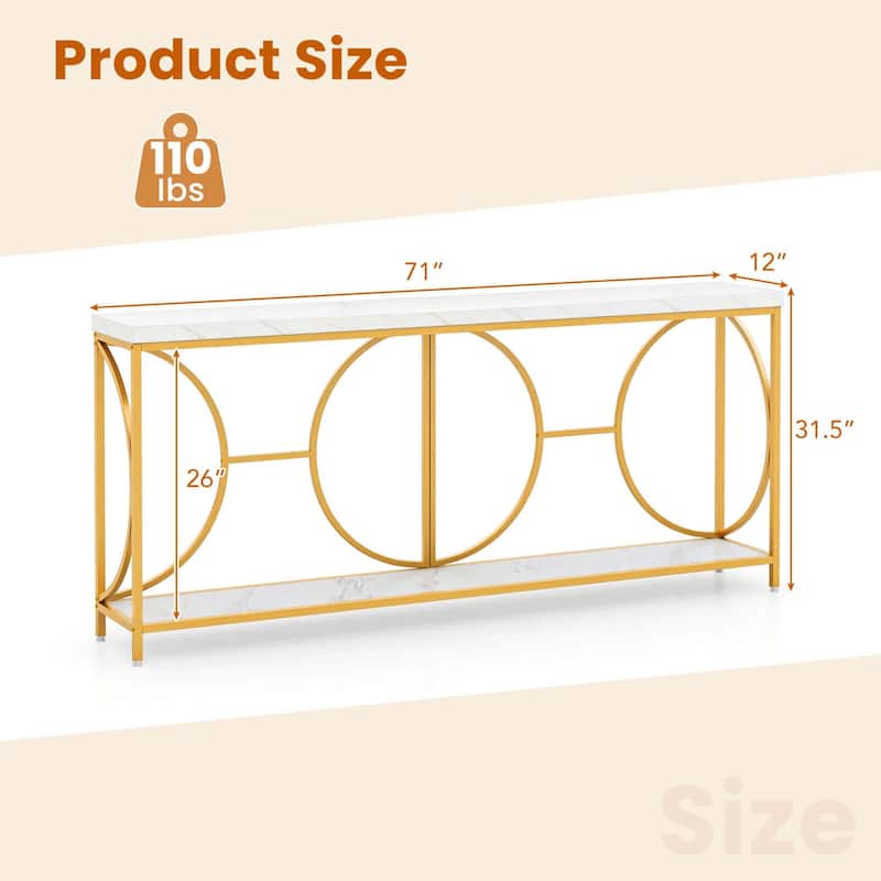 71" Console Table 2-Tier Long Gold Entryway Table w/Storage Shelf