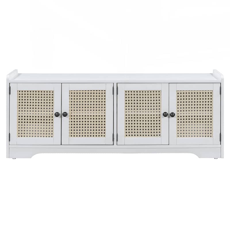 Rustic Storage Bench Multifunctional Wood Entryway Shoe Bench with Removable Cushion, Woven Rattan Doors & Adjustable Shelves