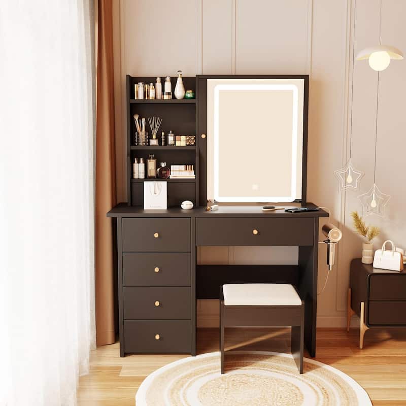 XINMICS Makeup Vanity Desk with Mirror and Lights & Charging Station