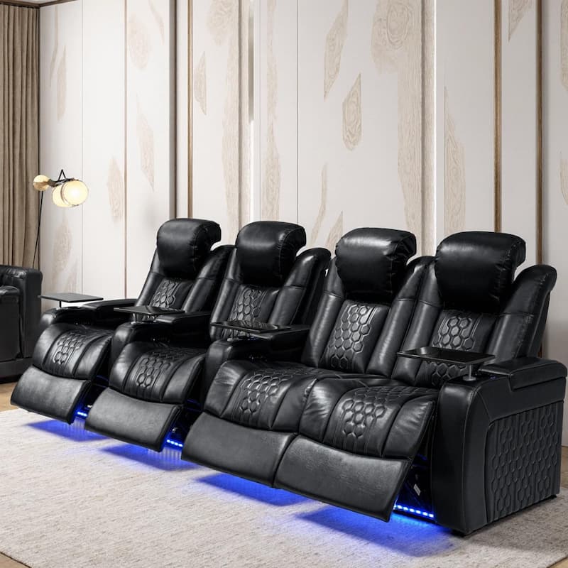 Roomfitters 124.4" Power Recliner 4-Piece Set, Top-Grain Nappa Leather, 21-Color RGB LED & USB-C Charging, Black - Black