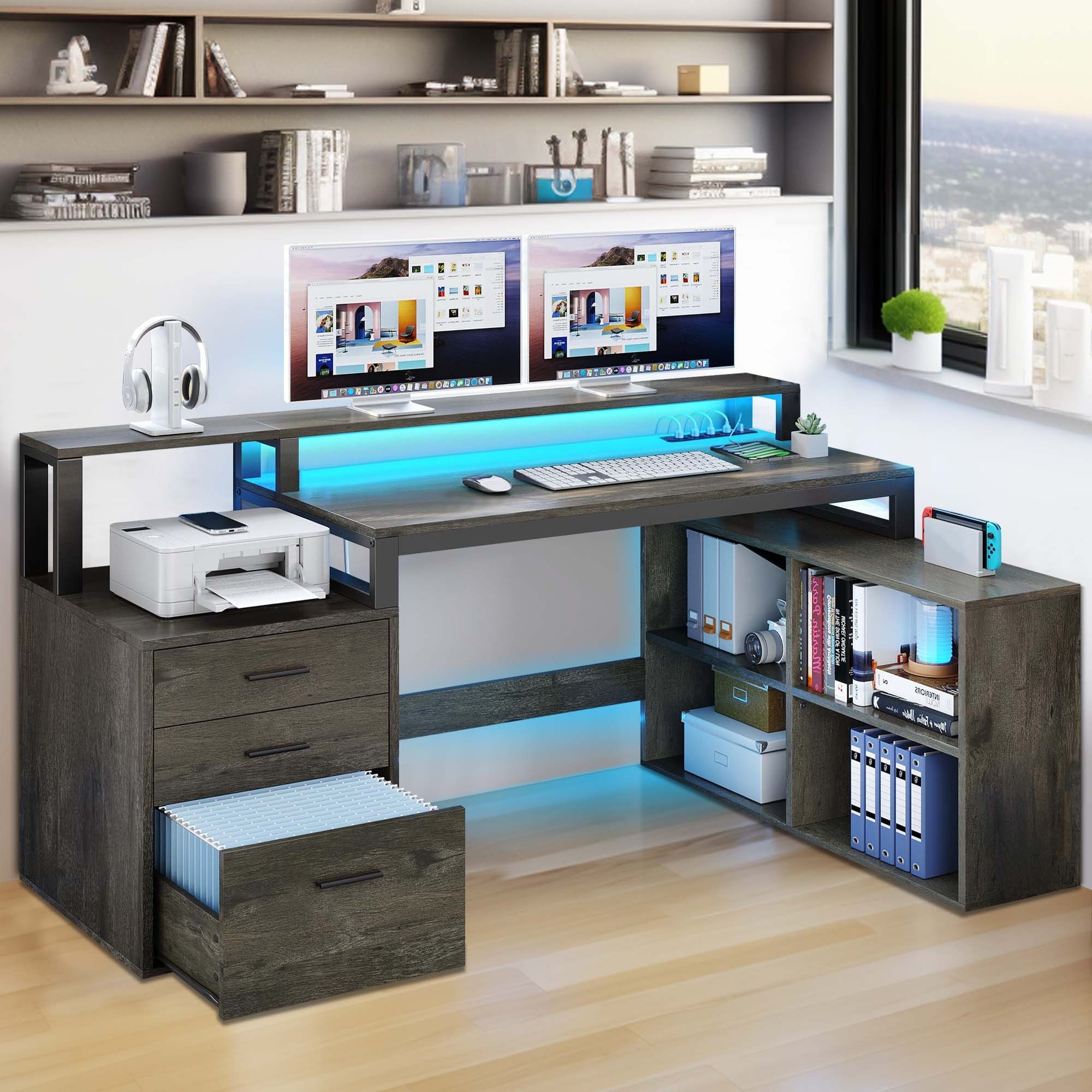 Moasis 65" L Shaped Computer Office Desk w/Cabinet Drawers Gaming Desk w/Power Outlets & LED Lights