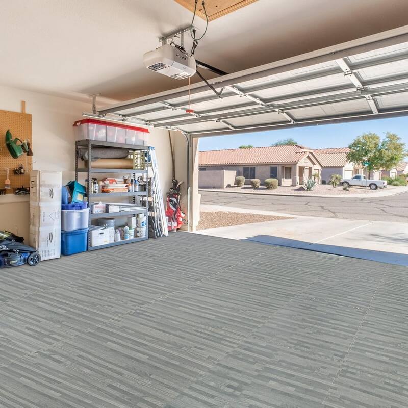 Interlocking Floor Mat - Gray Wood Print, 12 Pieces and Borders