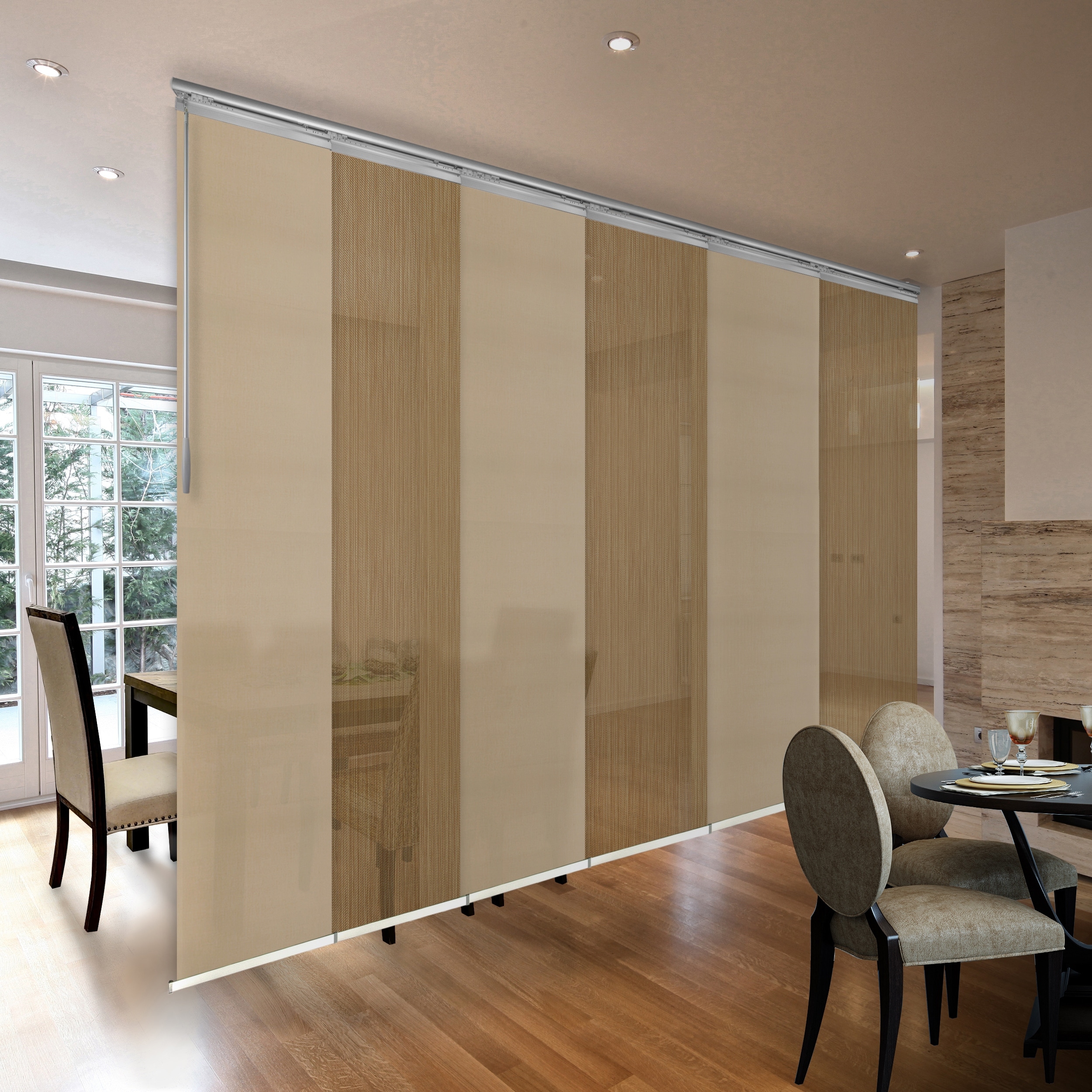 InStyleDesign 6-Panel Single Rail Panel Track Extendable 70"-130"W x 94"H, Panel width 23.5", Parchment, Golden Sieve.