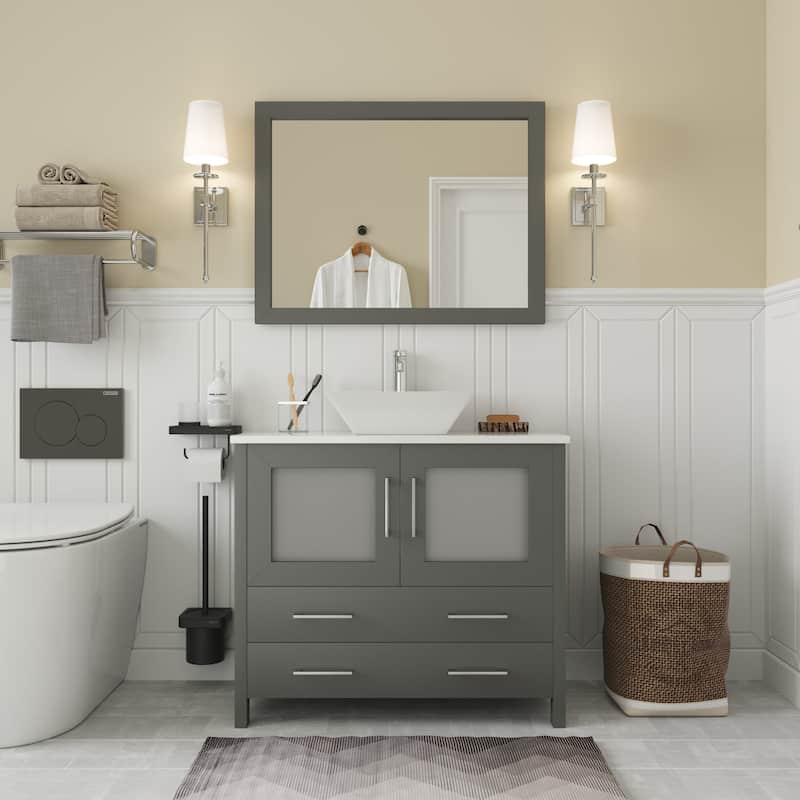Vanity Art 36" Single Sink Bathroom Vanity Set with Engineered Marble Top Free Mirror - 36 x 18.5 x 36 Inches - Grey