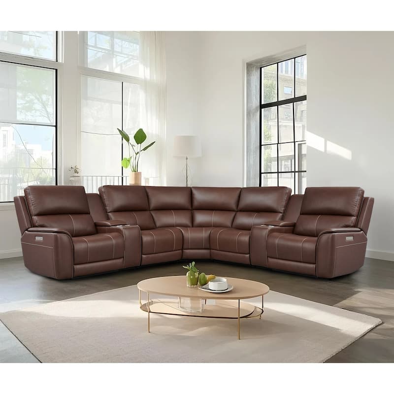 7PCS, 3 power Recliners, Double Width Genuine Leather Reclining Sectional with USB & USB-C Ports