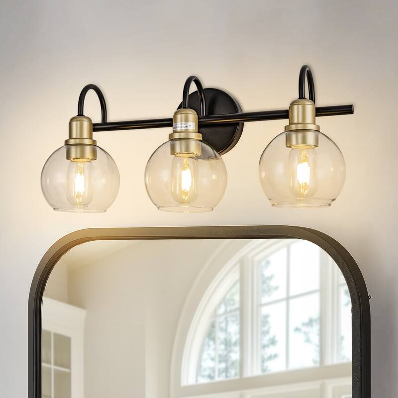 YANSUN Fishing Rod Vanity Light, Large Transparent Round Shade, E26, Black and Gold Finish for Elegant Bathroom Lighting