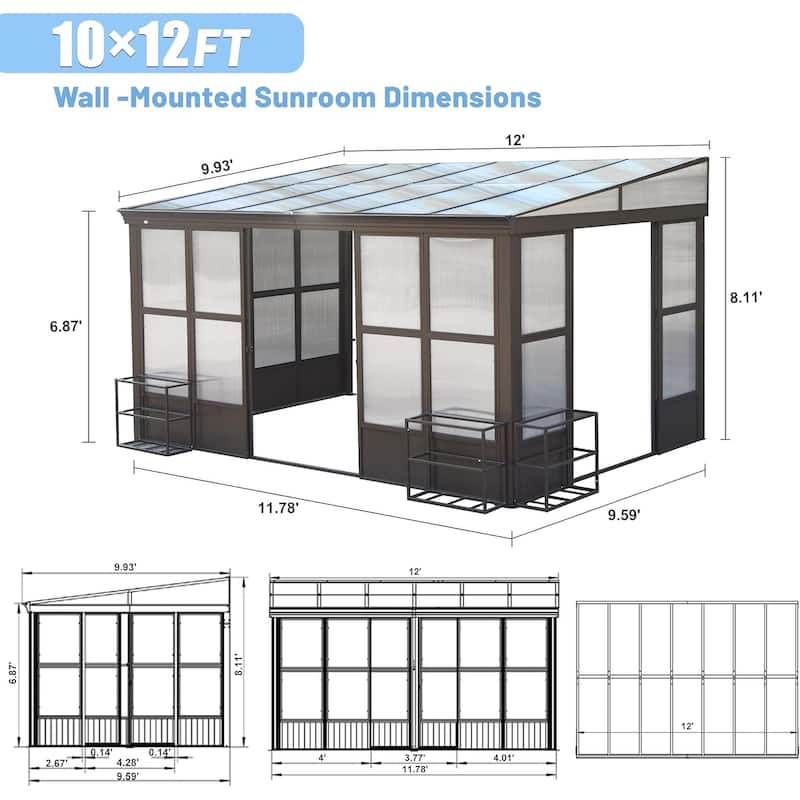 Outdoor Wall Mounted Solarium with Detachable Windows, Aluminum Lean to Gazebo Sun Room