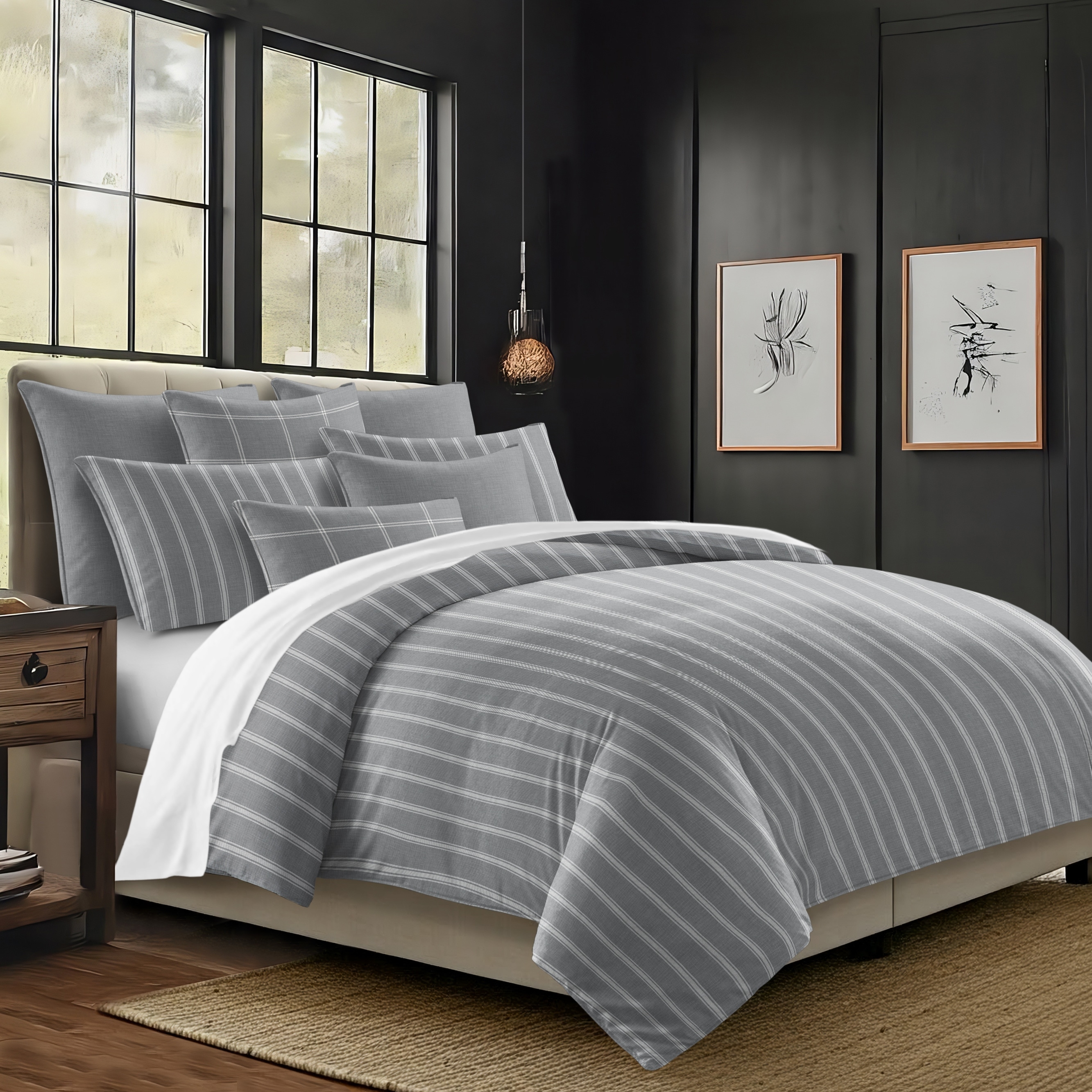 Shay Broad Ticking Stripe Gray Cotton Comforter Set 8 Piece - Bed