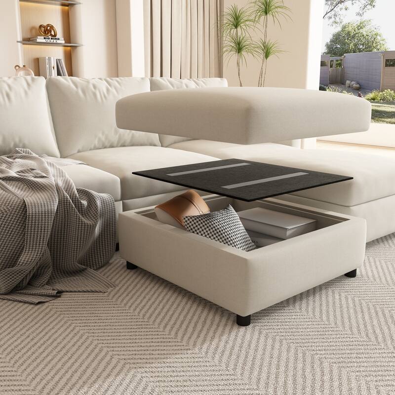 123" U-Shaped Modular 4 Seater Sectional Sofa with Storage Ottomans, Easy Assembly and Transport