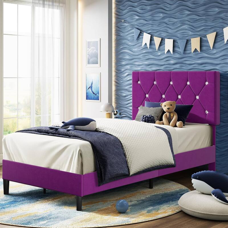 VECELO Upholstered Kids Bed Frame with Diamond Tufted Headoard,Twin Size Bed Set of 2
